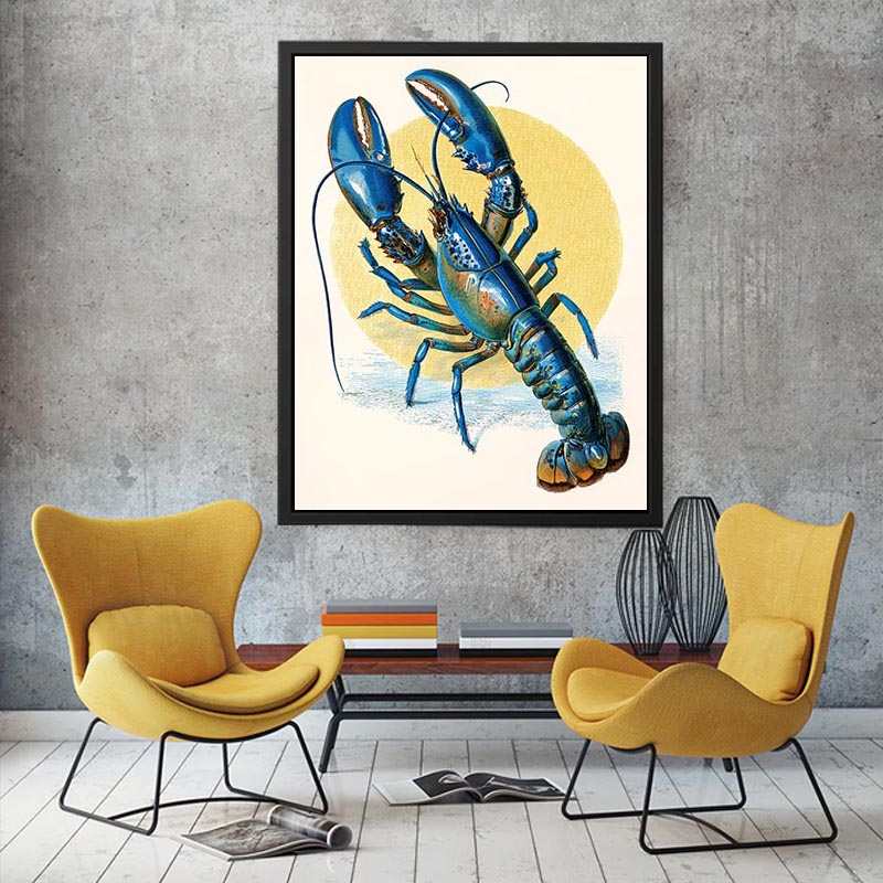 Vintage blue lobster illustration canvas art for coastal kitchen or dining room decor.