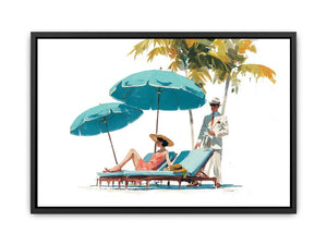 Vintage resort canvas art with turquoise umbrellas and elegant figures for coastal bedroom decor.