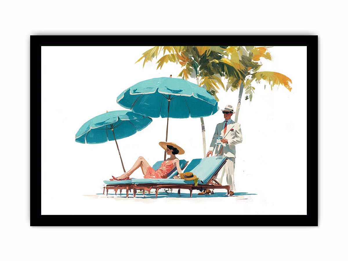 Vintage resort canvas art with turquoise umbrellas and elegant figures for coastal bedroom decor.