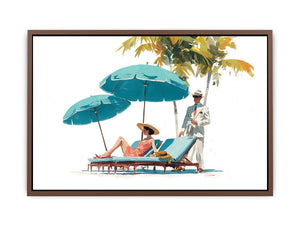 Vintage resort canvas art with turquoise umbrellas and elegant figures for coastal bedroom decor.