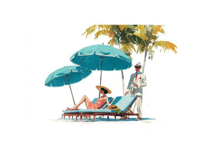 Vintage resort canvas art with turquoise umbrellas and elegant figures for coastal bedroom decor.