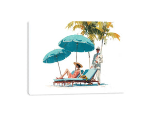 Vintage resort canvas art with turquoise umbrellas and elegant figures for coastal bedroom decor.
