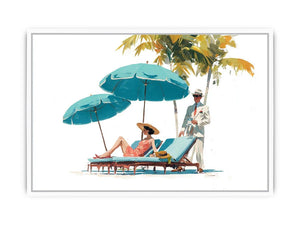 Vintage resort canvas art with turquoise umbrellas and elegant figures for coastal bedroom decor.