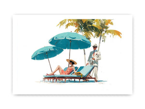 Vintage resort canvas art with turquoise umbrellas and elegant figures for coastal bedroom decor.