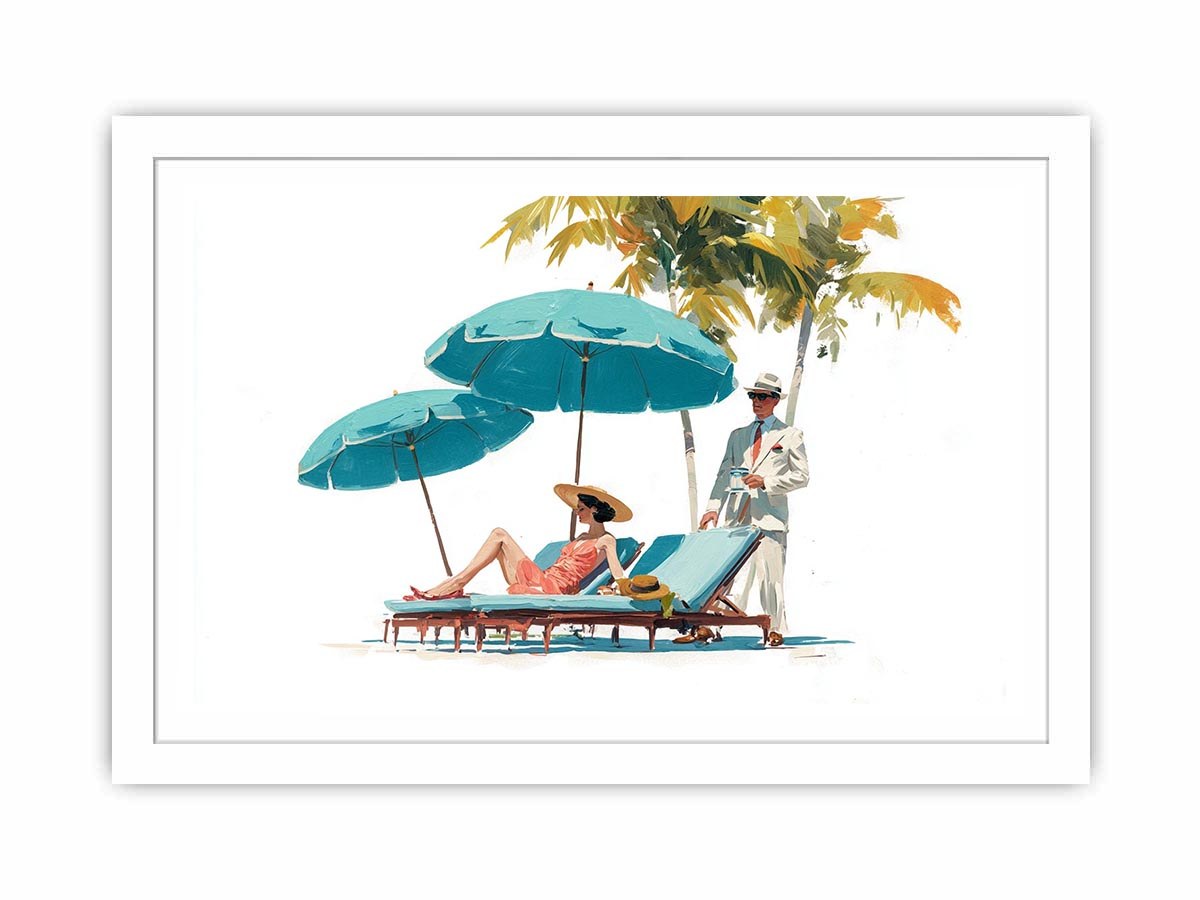 Vintage resort canvas art with turquoise umbrellas and elegant figures for coastal bedroom decor.