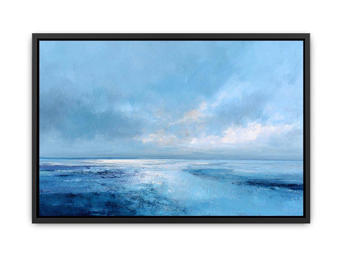 Soft blue abstract seascape canvas art for calm coastal bedroom or living room decor.