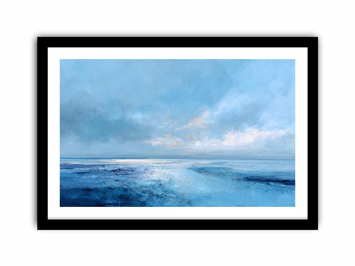 Soft blue abstract seascape canvas art for calm coastal bedroom or living room decor.