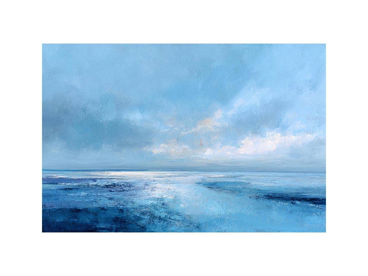 Soft blue abstract seascape canvas art for calm coastal bedroom or living room decor.