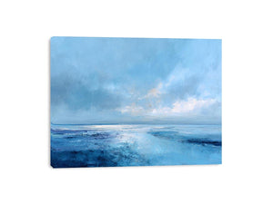 Soft blue abstract seascape canvas art for calm coastal bedroom or living room decor.