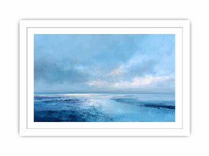Soft blue abstract seascape canvas art for calm coastal bedroom or living room decor.