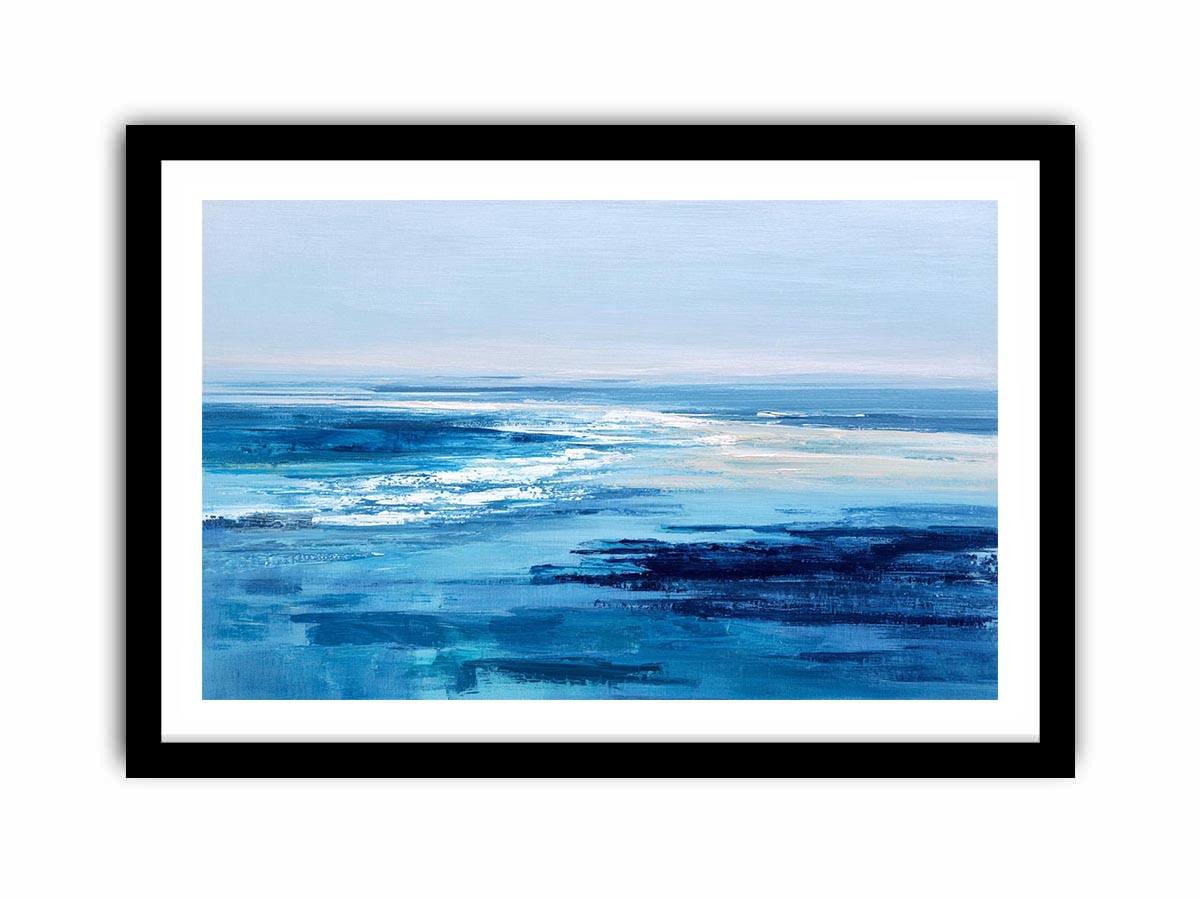 Minimal blue abstract ocean canvas art for modern living room or coastal bedroom decor.