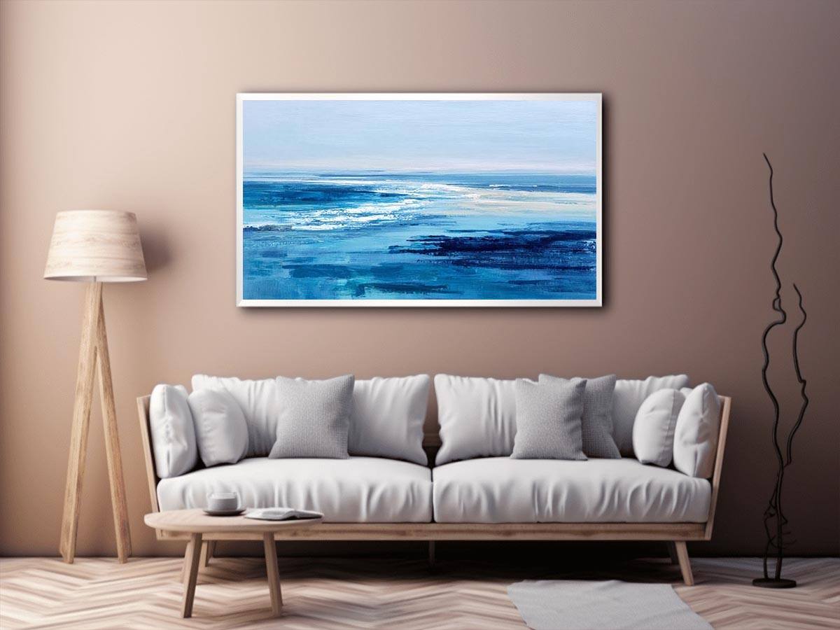 Minimal blue abstract ocean canvas art for modern living room or coastal bedroom decor.