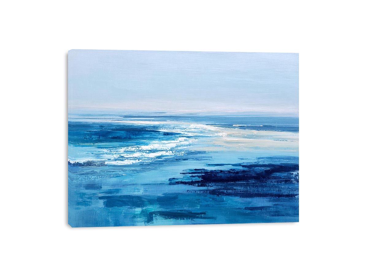 Minimal blue abstract ocean canvas art for modern living room or coastal bedroom decor.