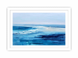 Minimal blue abstract ocean canvas art for modern living room or coastal bedroom decor.