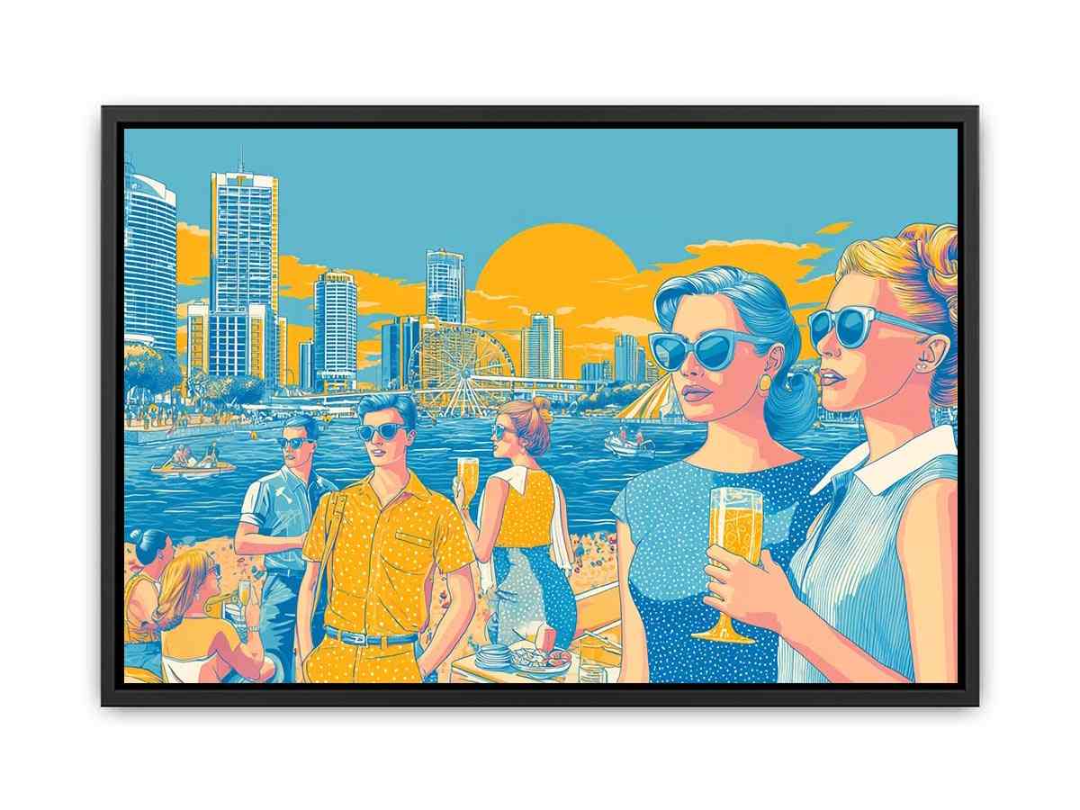 Retro pop art waterfront scene with stylish figures and city skyline for vibrant living room decor.