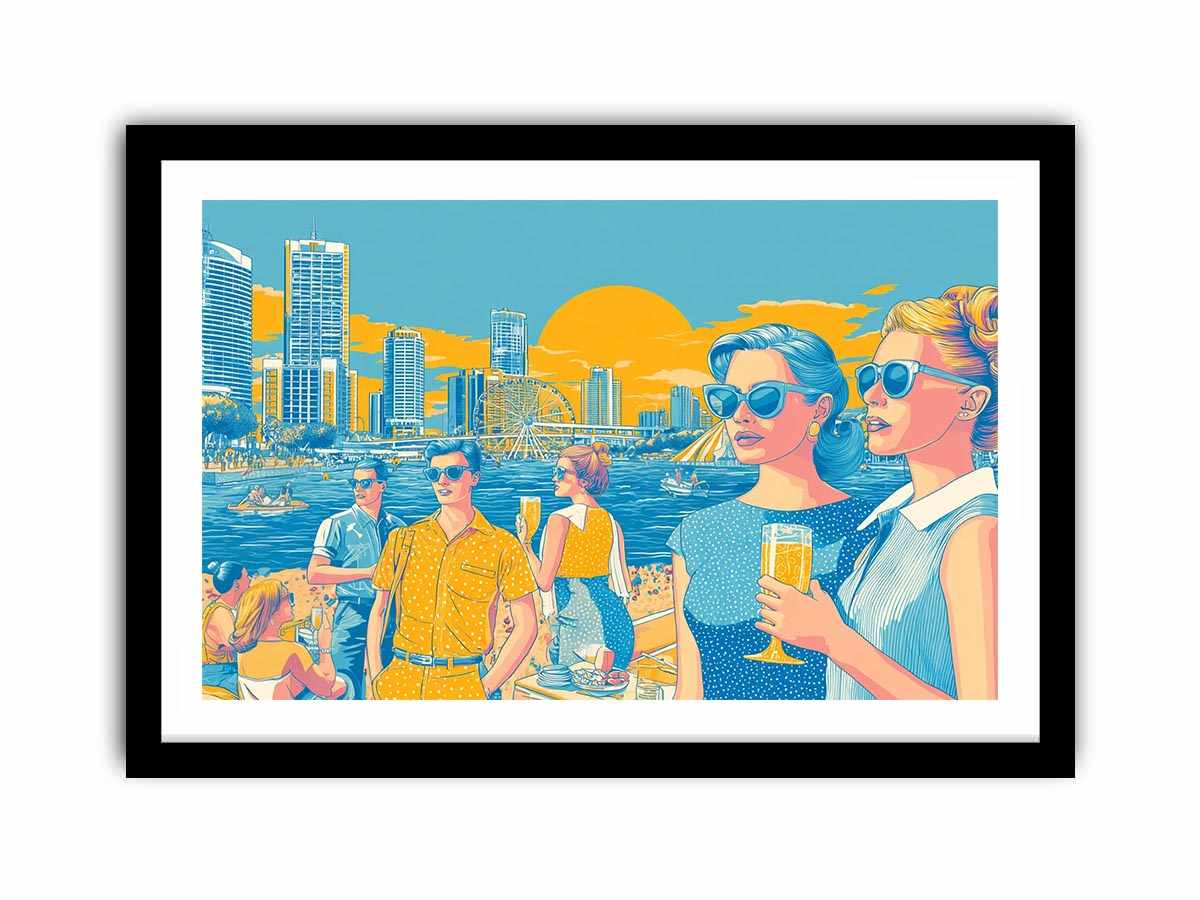 Retro pop art waterfront scene with stylish figures and city skyline for vibrant living room decor.