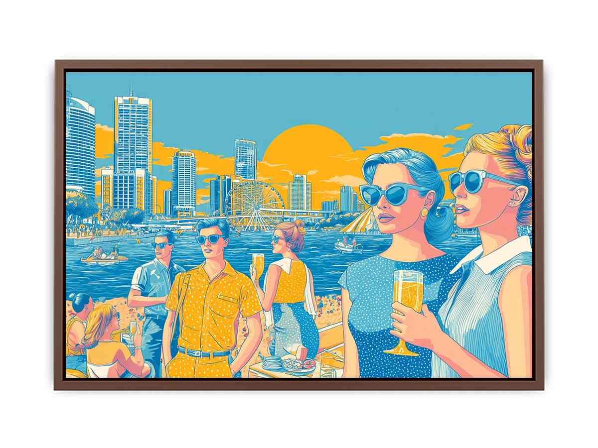 Retro pop art waterfront scene with stylish figures and city skyline for vibrant living room decor.
