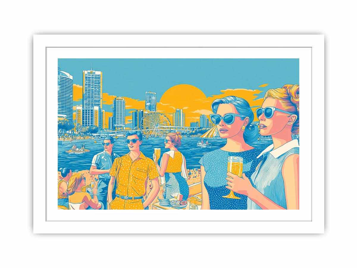 Retro pop art waterfront scene with stylish figures and city skyline for vibrant living room decor.
