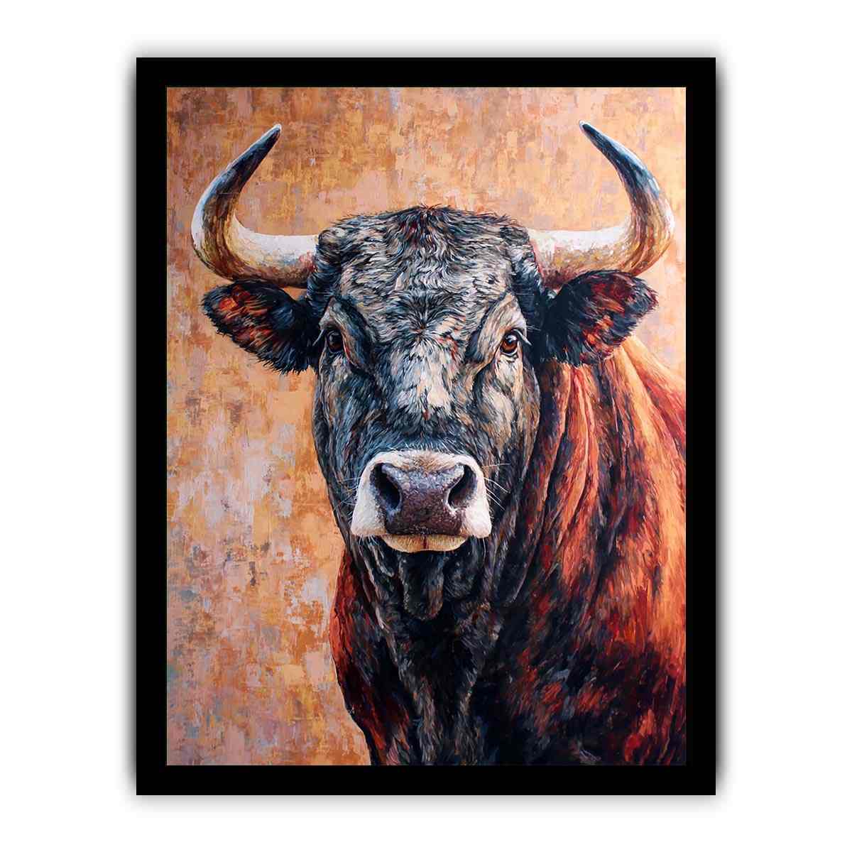 Expressive bull canvas art with textured rustic style for living room or office decor.