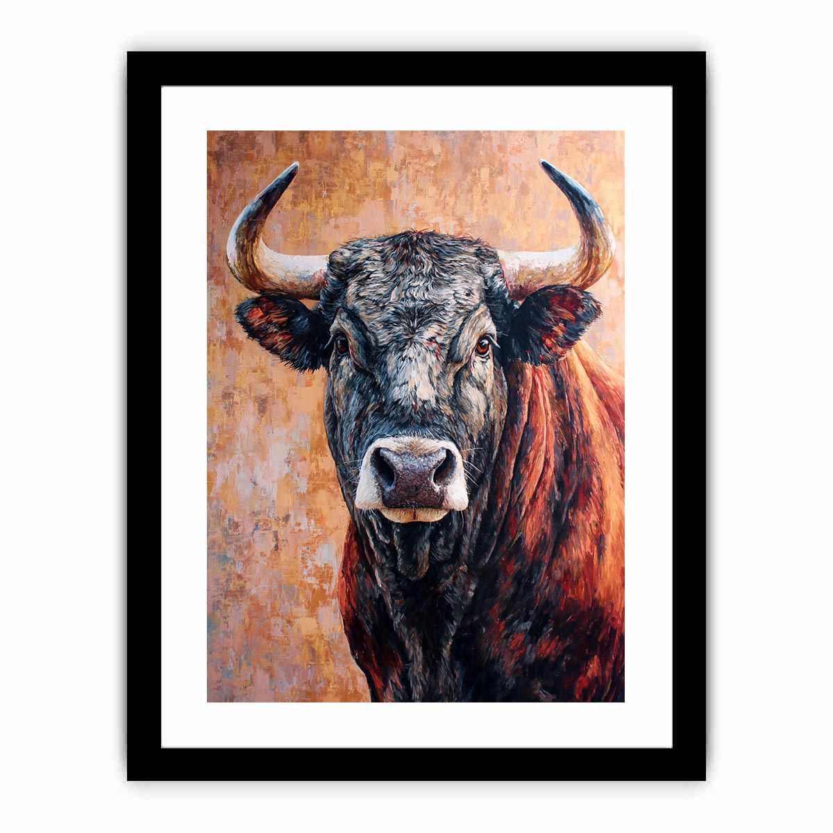 Expressive bull canvas art with textured rustic style for living room or office decor.
