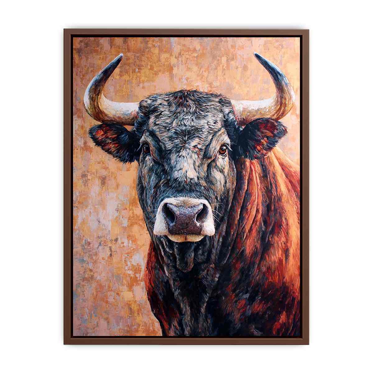 Expressive bull canvas art with textured rustic style for living room or office decor.