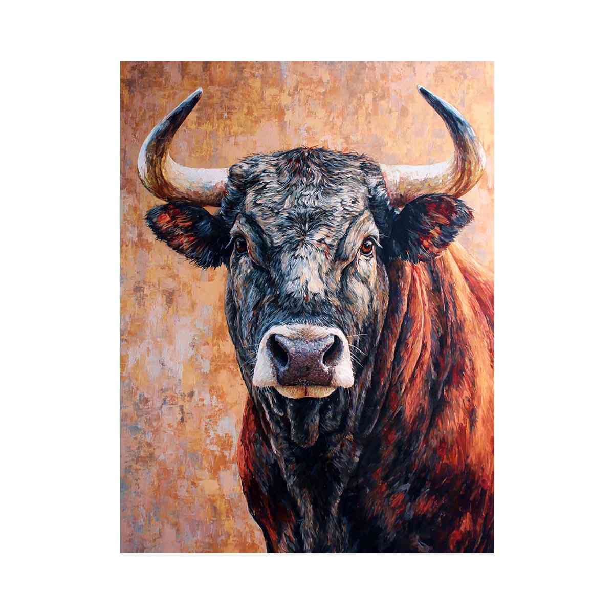 Expressive bull canvas art with textured rustic style for living room or office decor.
