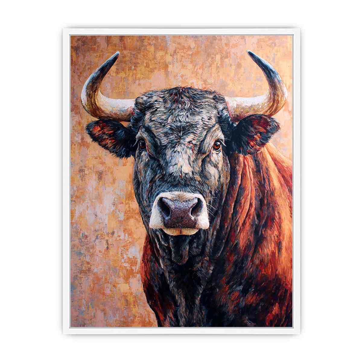 Expressive bull canvas art with textured rustic style for living room or office decor.