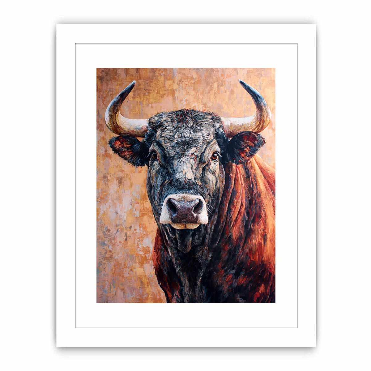 Expressive bull canvas art with textured rustic style for living room or office decor.