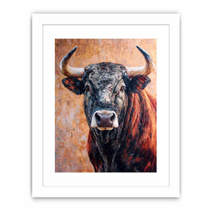 Expressive bull canvas art with textured rustic style for living room or office decor.