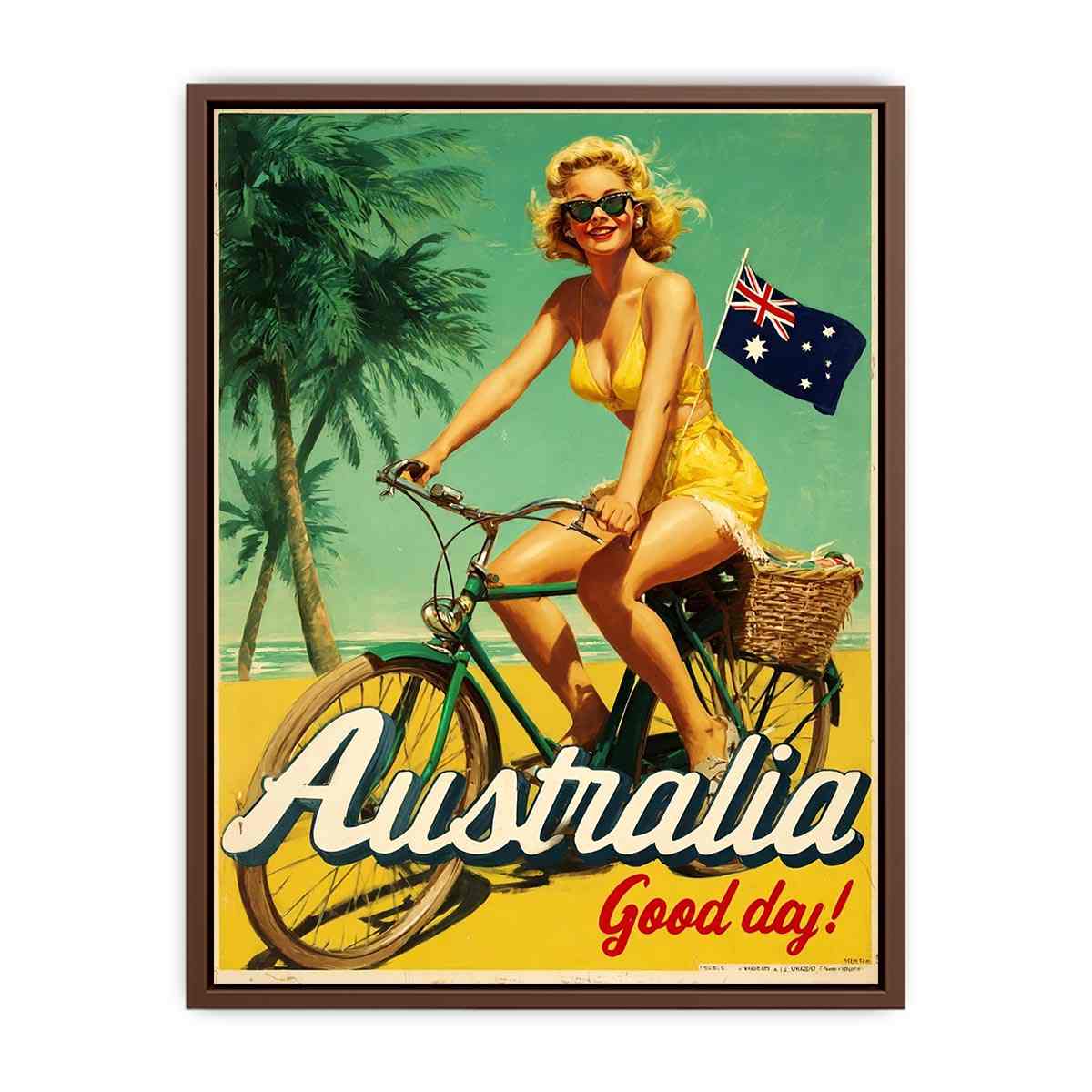 Vintage coastal bicycle artwork with tropical beach style for bright living room decor.