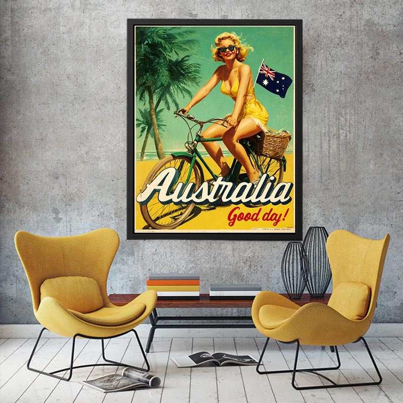 Vintage coastal bicycle artwork with tropical beach style for bright living room decor.