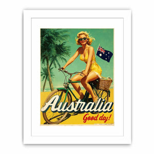 Vintage coastal bicycle artwork with tropical beach style for bright living room decor.