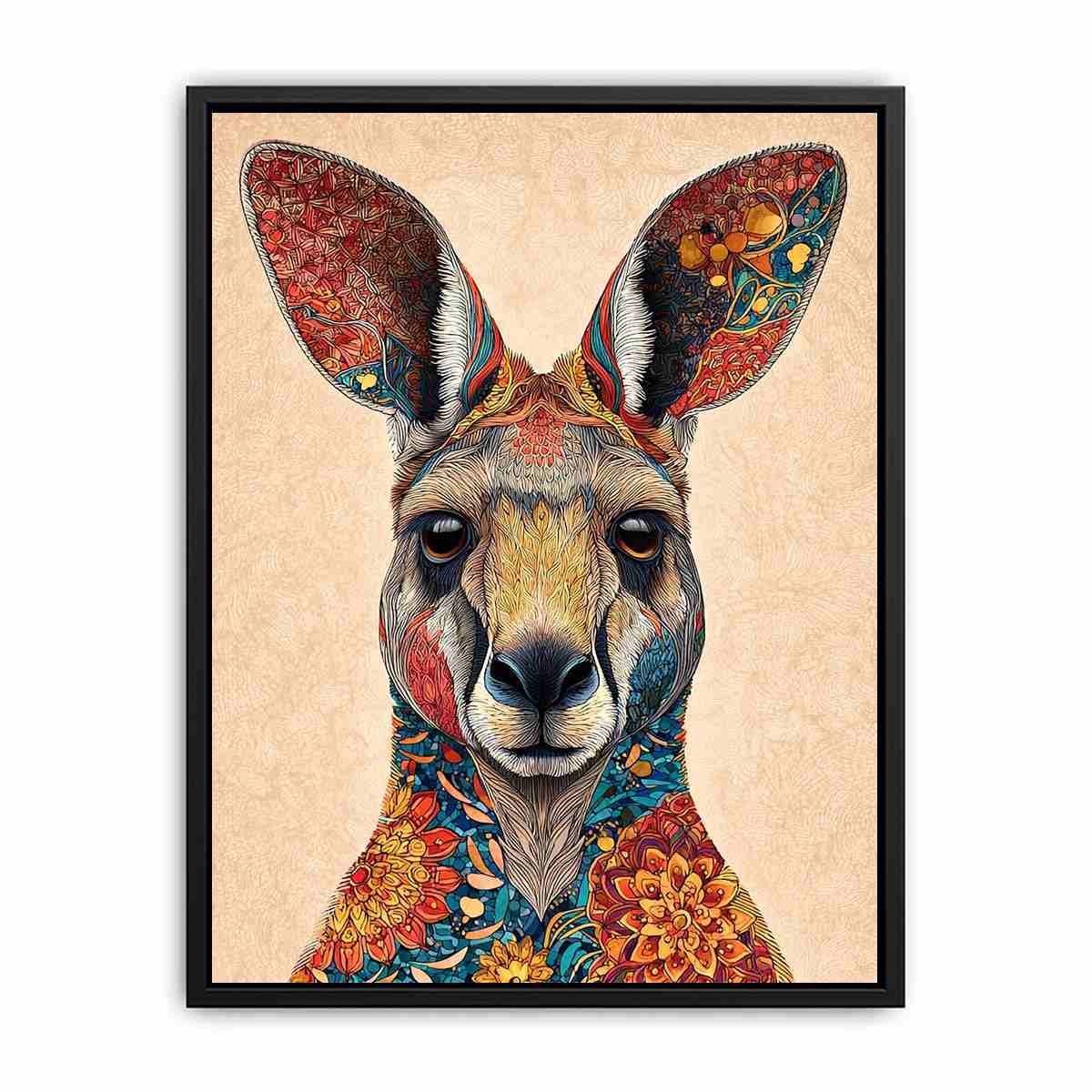 Decorative kangaroo artwork with colorful botanical patterns for modern living room decor.