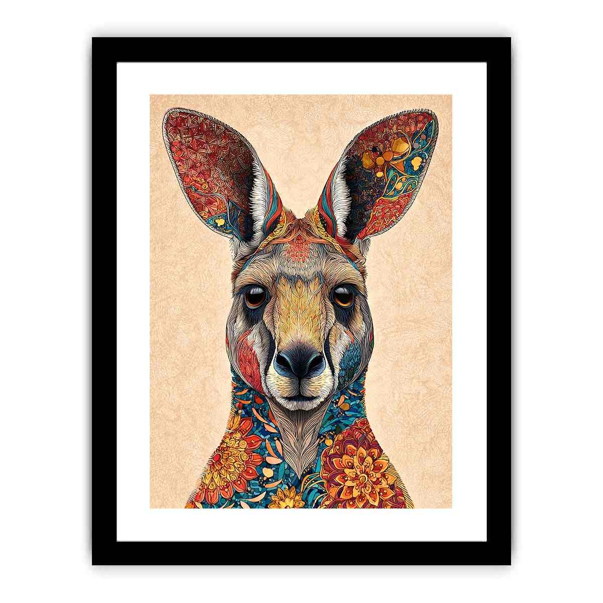 Decorative kangaroo artwork with colorful botanical patterns for modern living room decor.