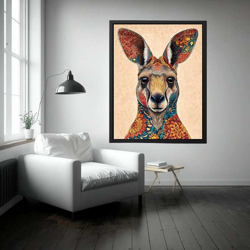 Decorative kangaroo artwork with colorful botanical patterns for modern living room decor.