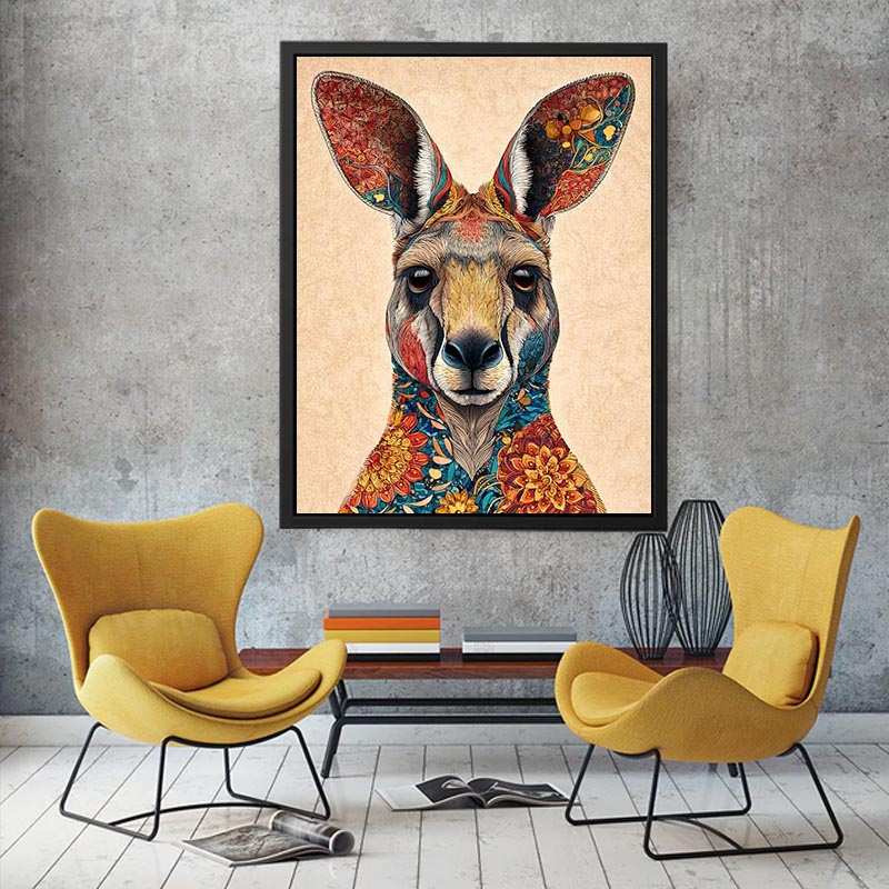 Decorative kangaroo artwork with colorful botanical patterns for modern living room decor.