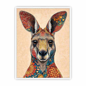 Decorative kangaroo artwork with colorful botanical patterns for modern living room decor.