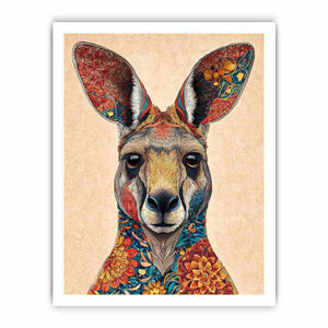 Decorative kangaroo artwork with colorful botanical patterns for modern living room decor.
