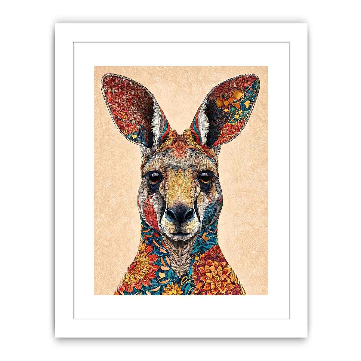 Decorative kangaroo artwork with colorful botanical patterns for modern living room decor.
