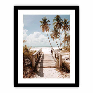 Coastal beach photography with palm trees and boardwalk for serene bedroom decor.