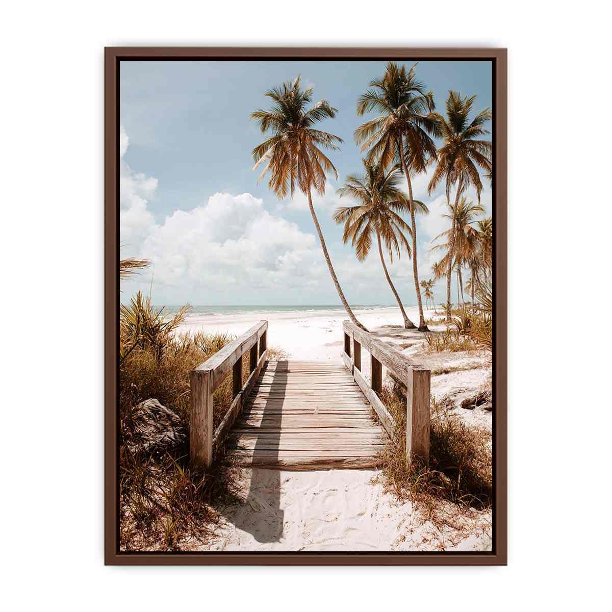 Coastal beach photography with palm trees and boardwalk for serene bedroom decor.