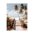 Coastal beach photography with palm trees and boardwalk for serene bedroom decor.
