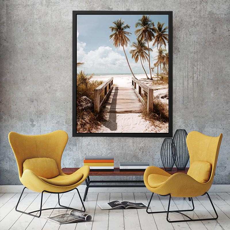 Coastal beach photography with palm trees and boardwalk for serene bedroom decor.