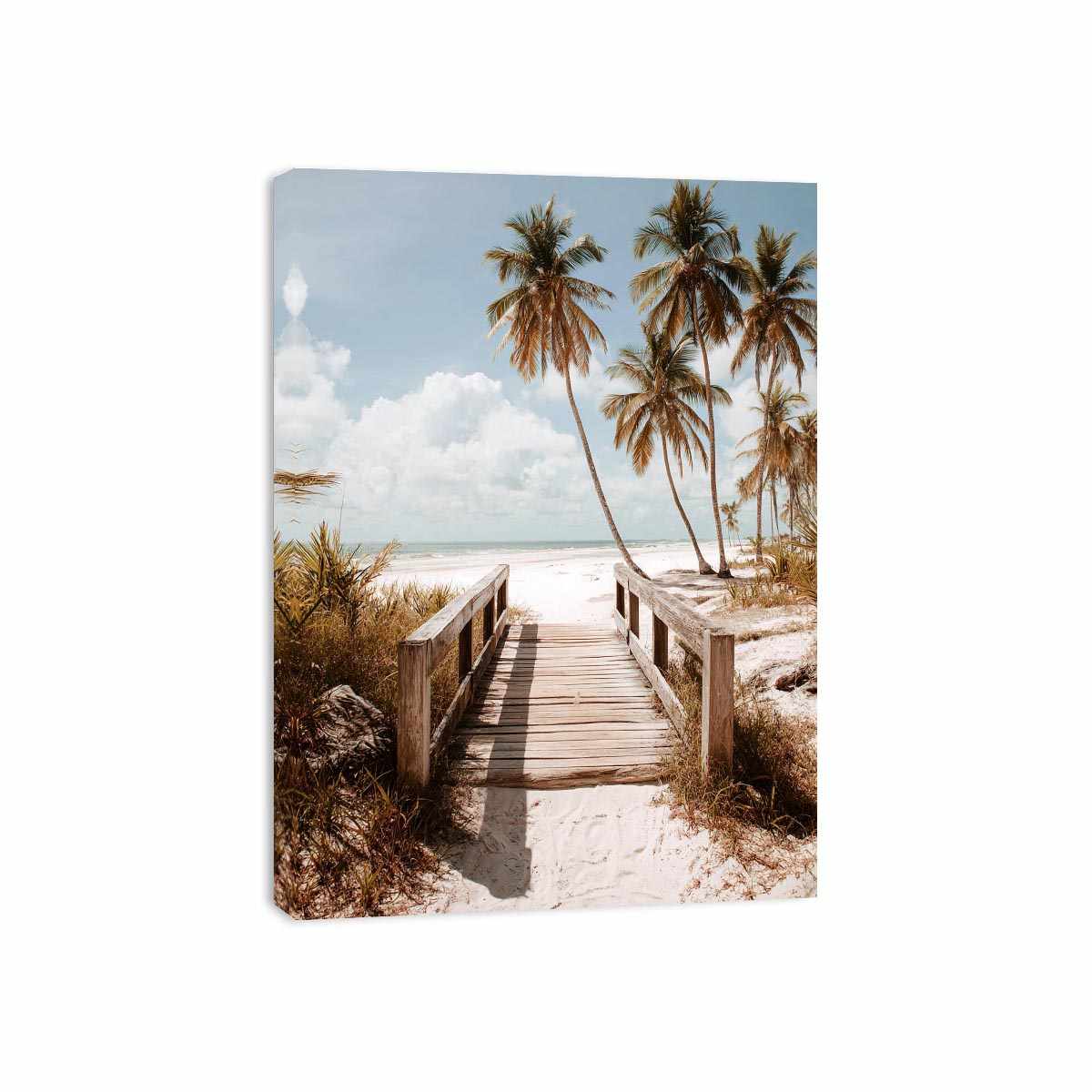 Coastal beach photography with palm trees and boardwalk for serene bedroom decor.