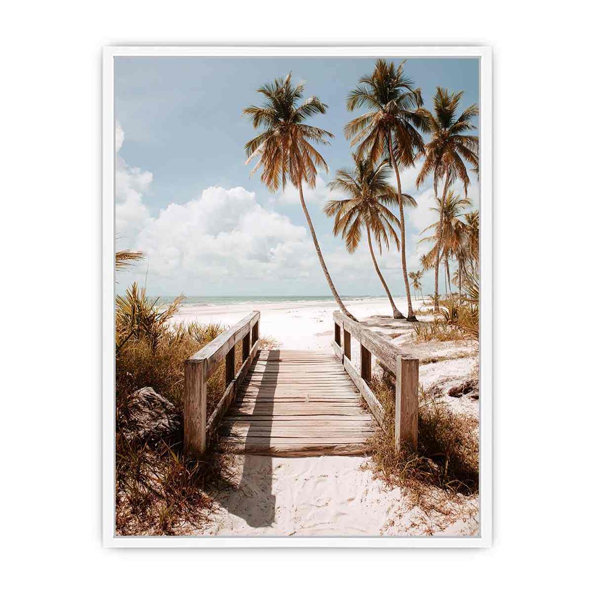 Coastal beach photography with palm trees and boardwalk for serene bedroom decor.