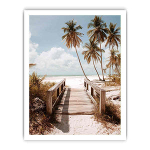 Coastal beach photography with palm trees and boardwalk for serene bedroom decor.