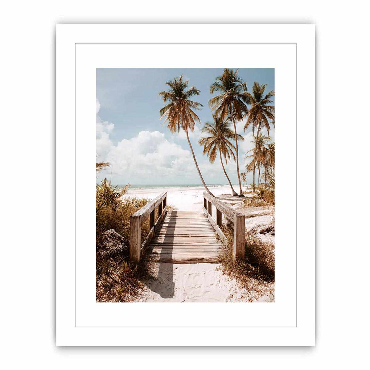 Coastal beach photography with palm trees and boardwalk for serene bedroom decor.