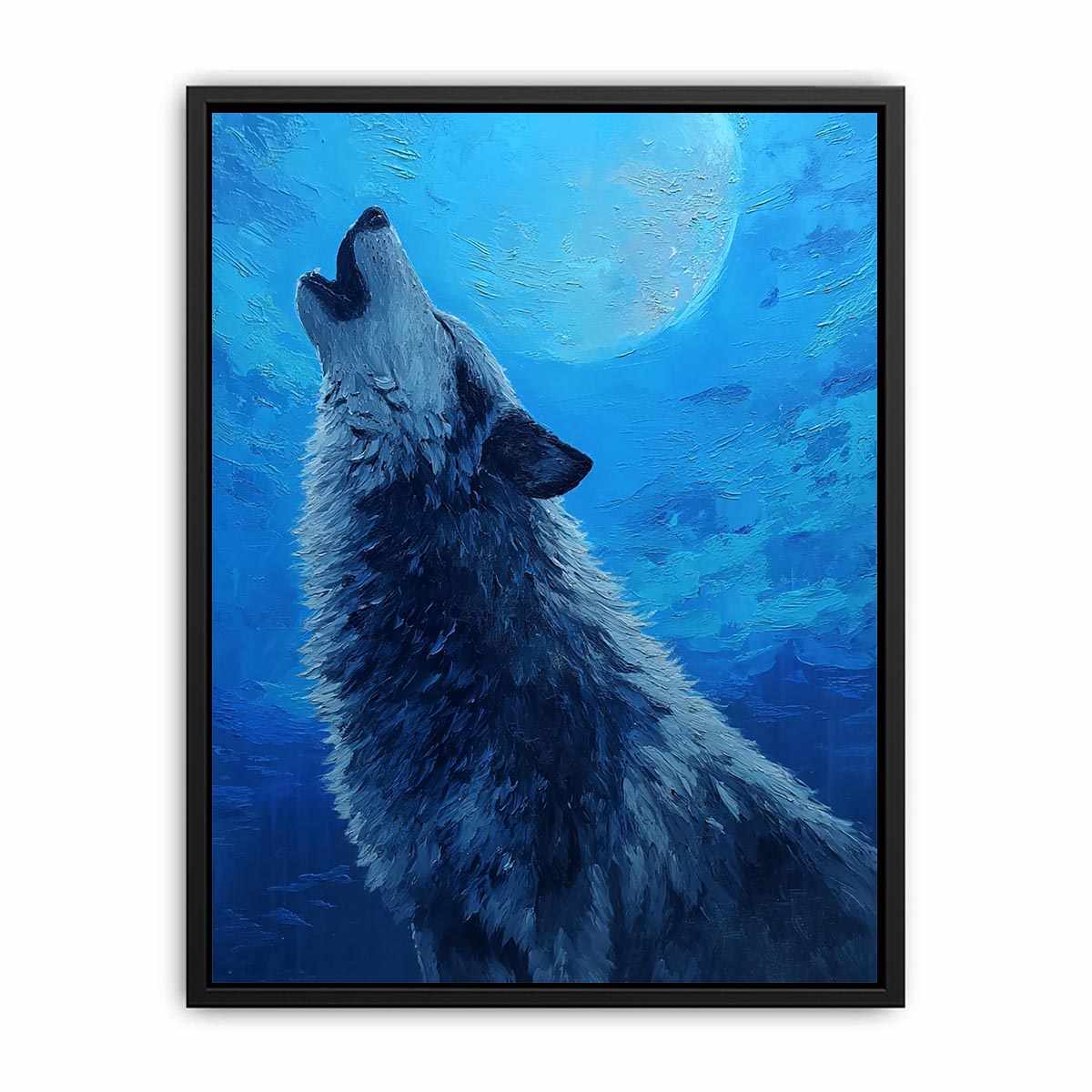 Wolf canvas artwork under a moonlit sky for dramatic modern living room decor.