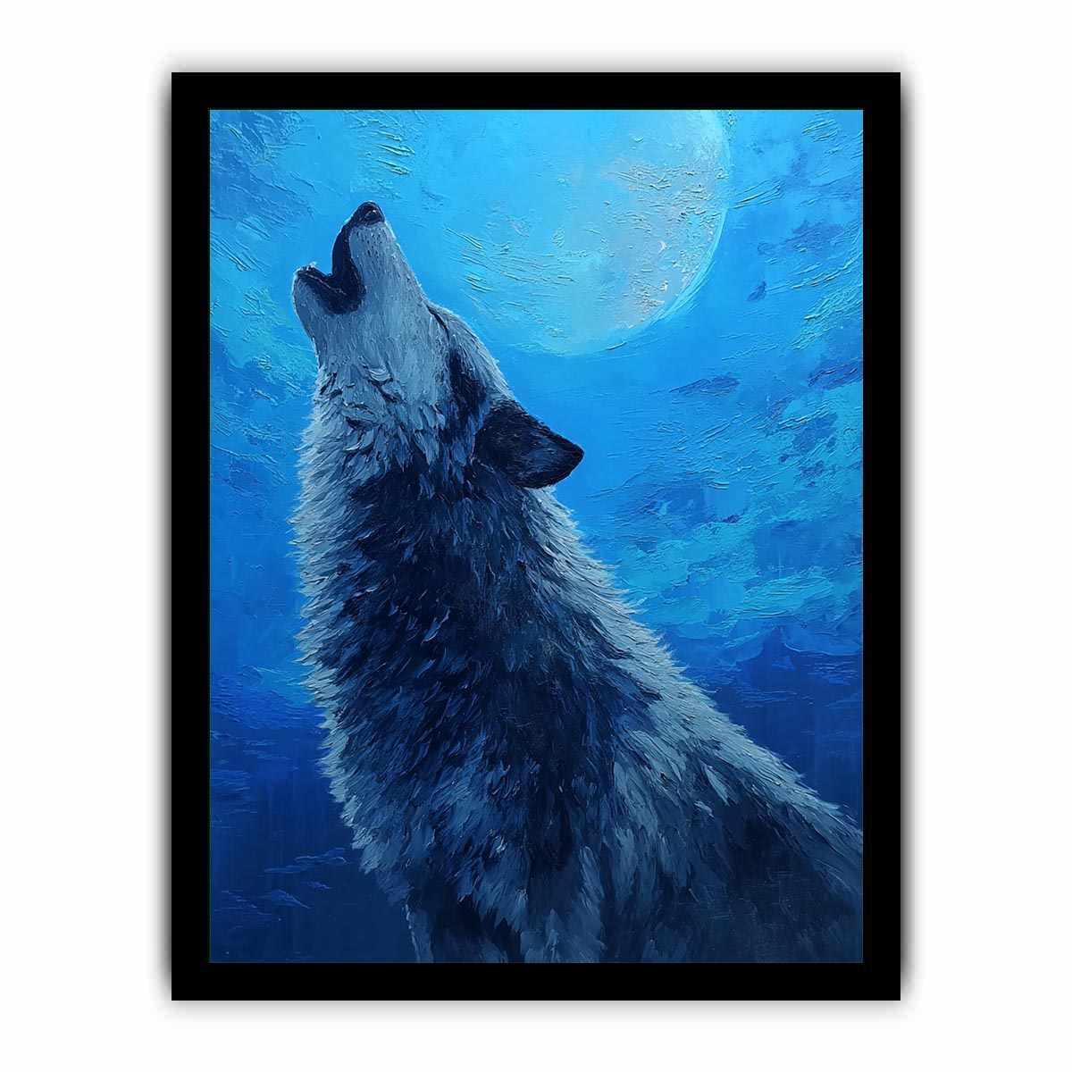 Wolf canvas artwork under a moonlit sky for dramatic modern living room decor.