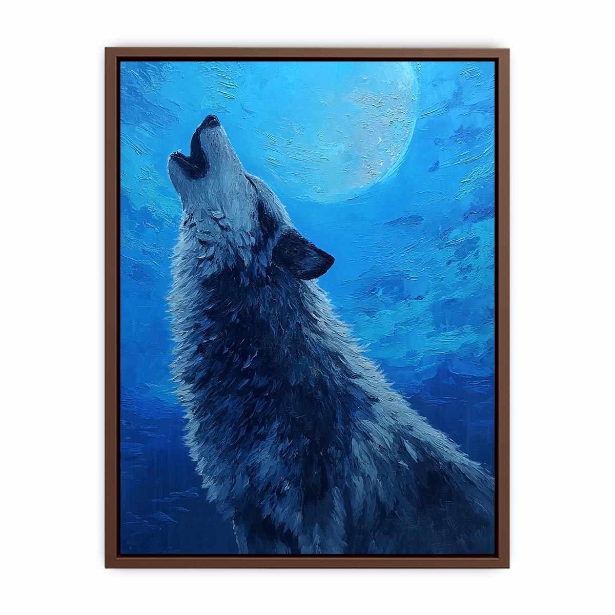 Wolf canvas artwork under a moonlit sky for dramatic modern living room decor.
